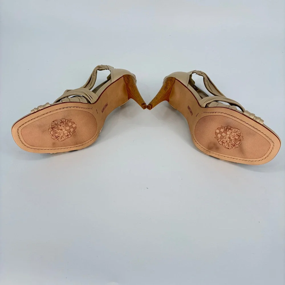 Vince Camuto Beige Leather Strappy Ruched Heeled Sandals Wood Heel Size 9.5M